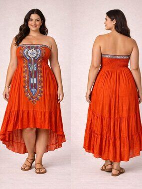 World Market Boho Strapless Flowy Tiered Maxi Dress Orange L/XL